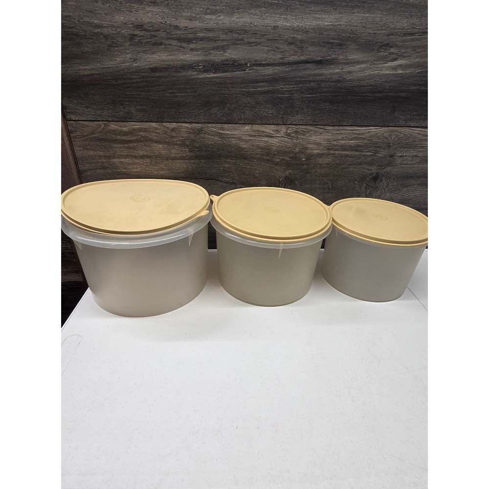 Vintage Tupperware Servalier Canister Set‎ 3 Frosted Clear Harvest Gold Lids 267